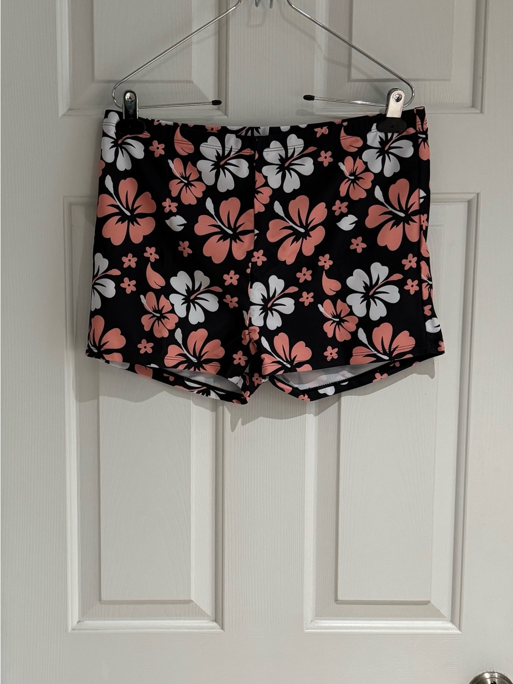 Black Floral Swim Shorts with Coral and White Hibiscus Print